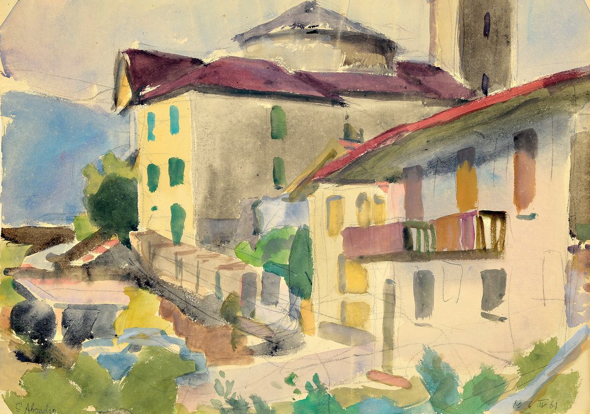 Erich Hartmann, 1886 - 1974, Landschaft mit Häusern, Aquarell auf Ingres-Papier mit Wasserzeichen, auf der Rückseite Stempel "Stempel Nachlass ...