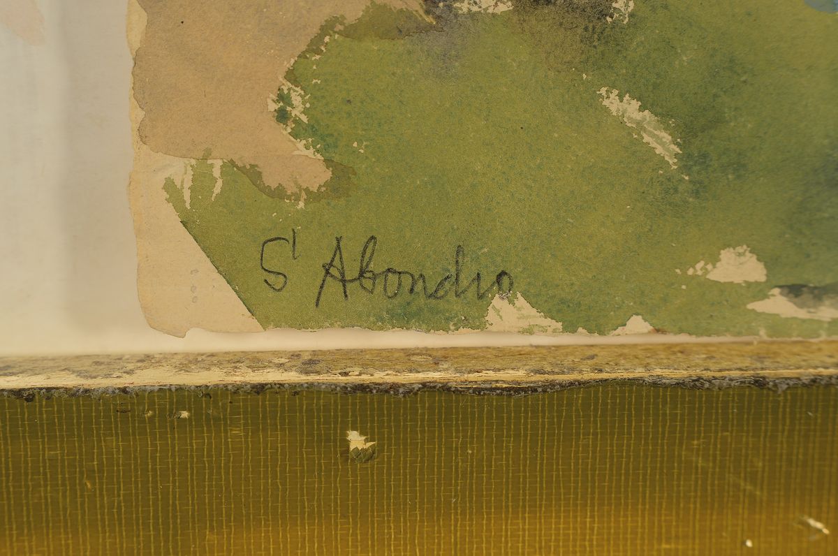 Detail a: Erich Hartmann, 1886 - 1974, Landschaft mit Häusern, Aquarell auf Ingres-Papier mit Wasserzeichen, auf der Rückseite Stempel "Stempel Nachlass ...