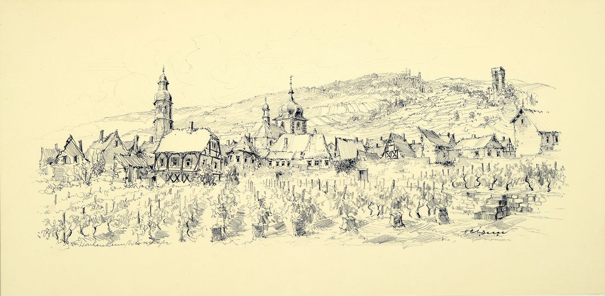 Heiner Deege, Bleistiftzeichnung und Aquarell, a. Wachenheim an der Weinstraße, 1975. verso bez. und datiert, signiert, 31 x 63.5 cm, unter Glas, b. ...