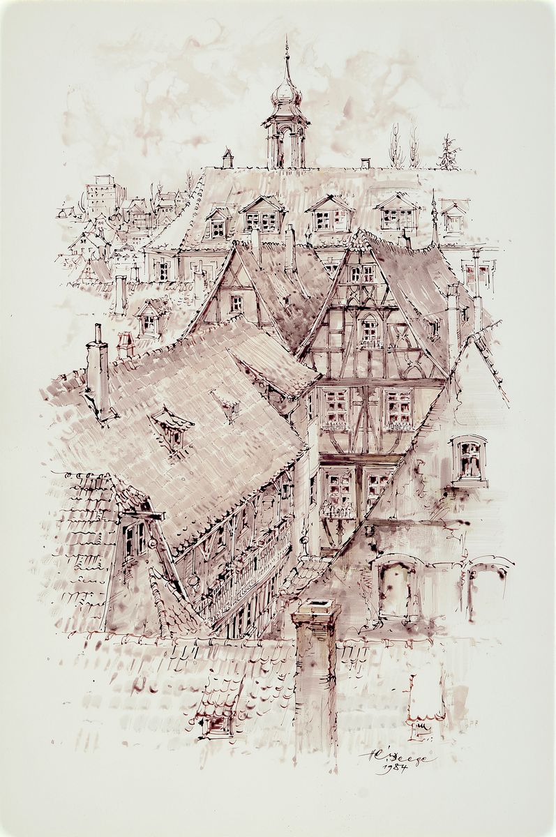 Detail b: Heiner Deege, Bleistiftzeichnung und Aquarell, a. Wachenheim an der Weinstraße, 1975. verso bez. und datiert, signiert, 31 x 63.5 cm, unter Glas, b. ...