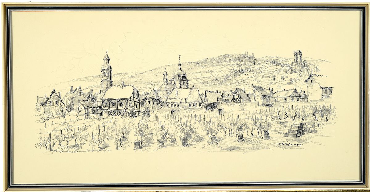 Detail k: Heiner Deege, Bleistiftzeichnung und Aquarell, a. Wachenheim an der Weinstraße, 1975. verso bez. und datiert, signiert, 31 x 63.5 cm, unter Glas, b. ...