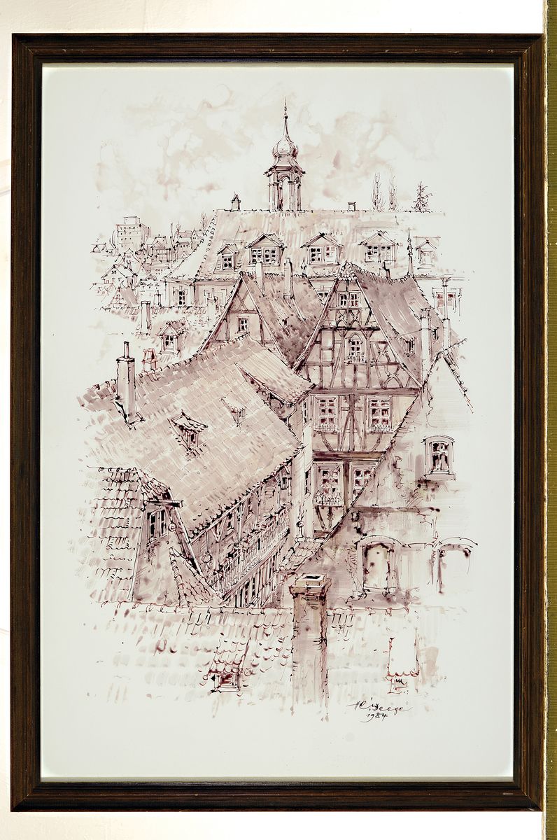Detail m: Heiner Deege, Bleistiftzeichnung und Aquarell, a. Wachenheim an der Weinstraße, 1975. verso bez. und datiert, signiert, 31 x 63.5 cm, unter Glas, b. ...