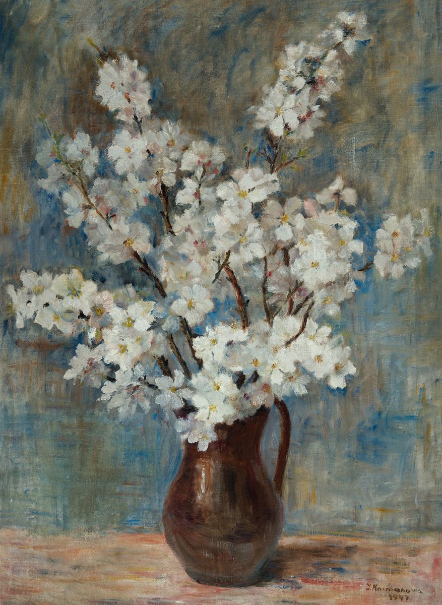 Karmanowa, datiert 1947, Blumenstillleben, Öl/Platte, re. unten signiert, ca. 79 x 57 cm, Rahmen: ca. 95 x 69 cm, Rahmen l. best.