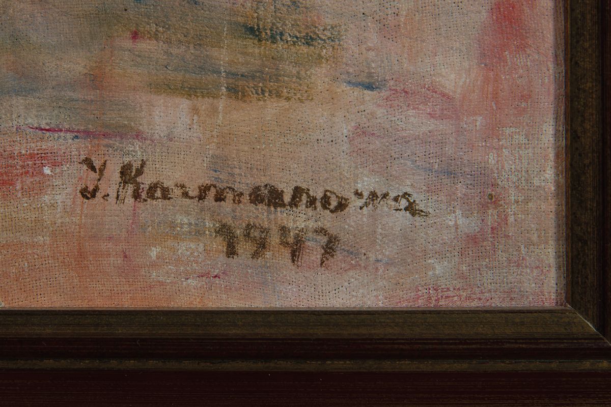 Detail a: Karmanowa, datiert 1947, Blumenstillleben, Öl/Platte, re. unten signiert, ca. 79 x 57 cm, Rahmen: ca. 95 x 69 cm, Rahmen l. best.