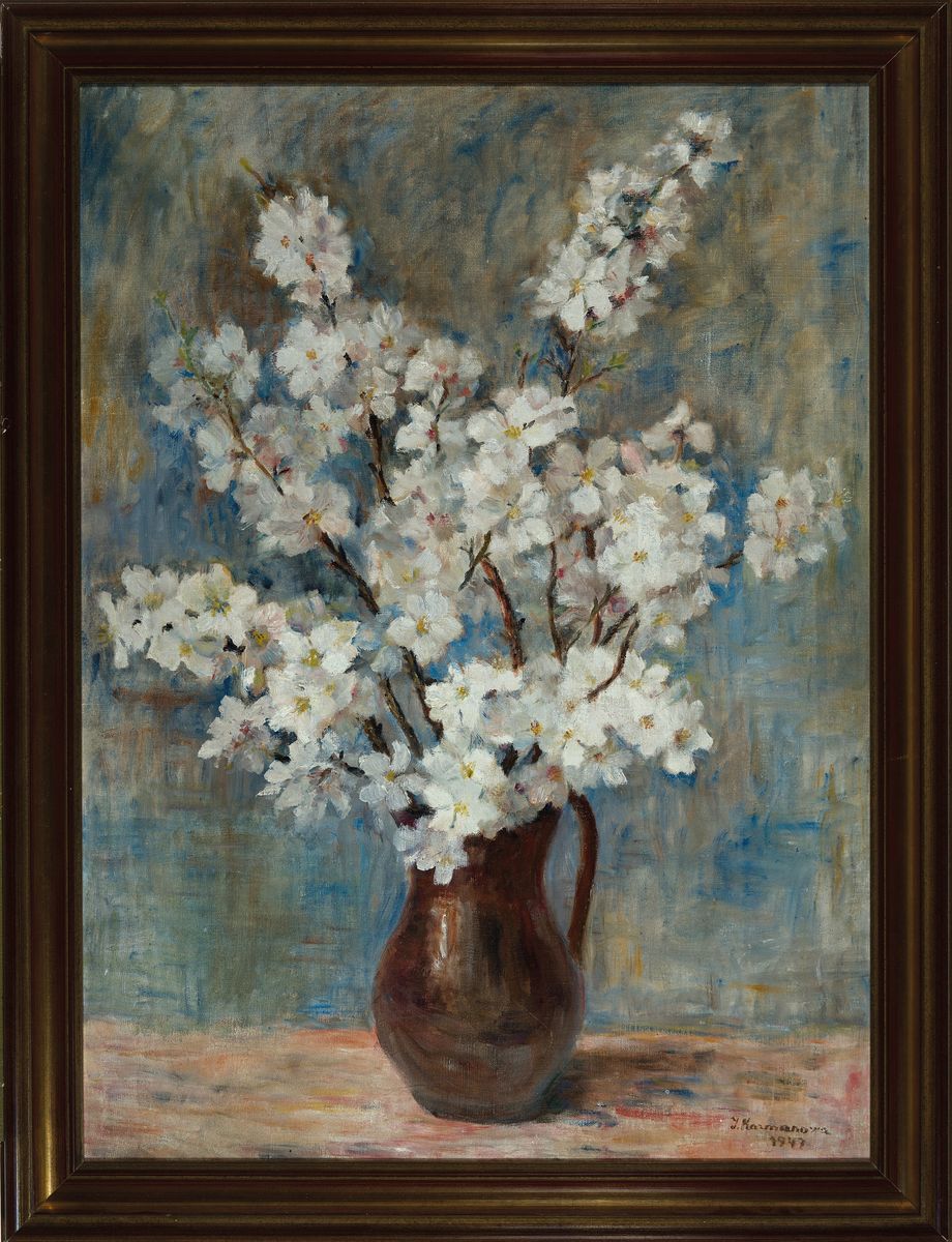 Detail k: Karmanowa, datiert 1947, Blumenstillleben, Öl/Platte, re. unten signiert, ca. 79 x 57 cm, Rahmen: ca. 95 x 69 cm, Rahmen l. best.