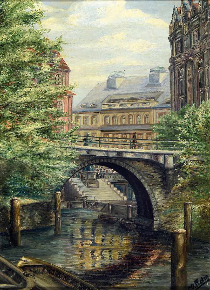 Otto Flohr, 1861-1932, historische Stadtansicht, wohl Hamburger Fleet, rechts unten signiert, Öl/Karton, Rahmen 53x40 cm