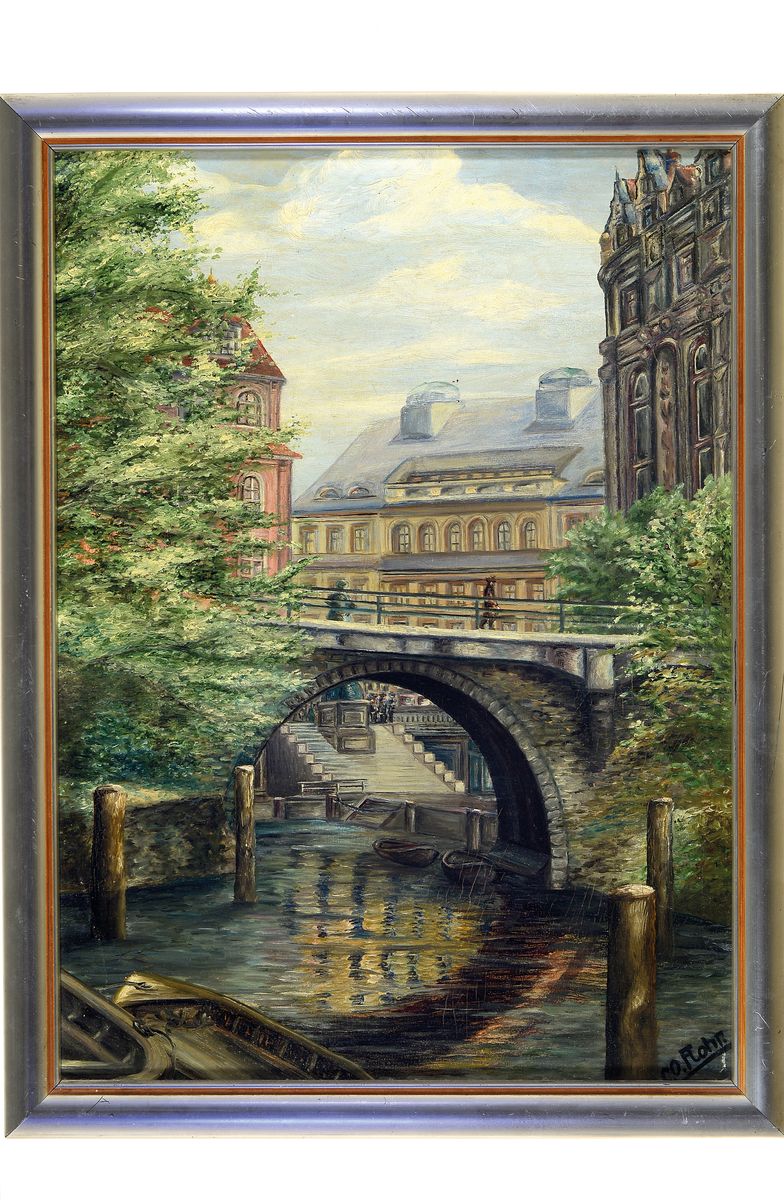 Detail k: Otto Flohr, 1861-1932, historische Stadtansicht, wohl Hamburger Fleet, rechts unten signiert, Öl/Karton, Rahmen 53x40 cm