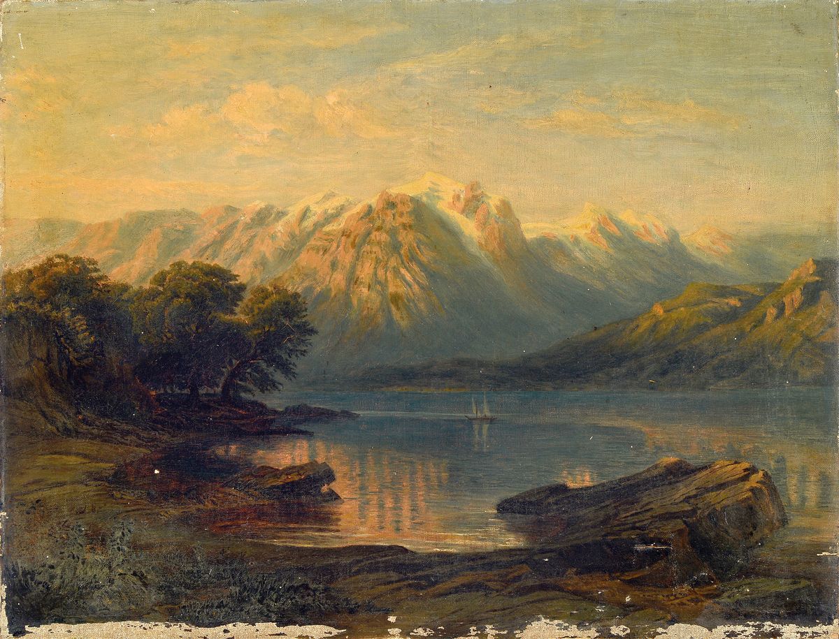 Unbekannter Künstler des 19.Jh., See mit abendlichem Alpenpanorama, rechts unten fragmentarisch signiert, Öl/Lwd, besch., rest., 33x43 cm
