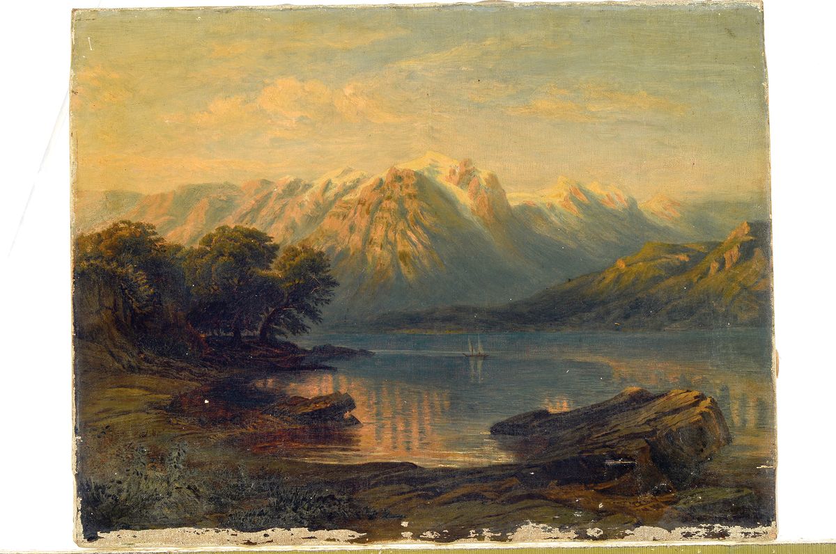Detail k: Unbekannter Künstler des 19.Jh., See mit abendlichem Alpenpanorama, rechts unten fragmentarisch signiert, Öl/Lwd, besch., rest., 33x43 cm
