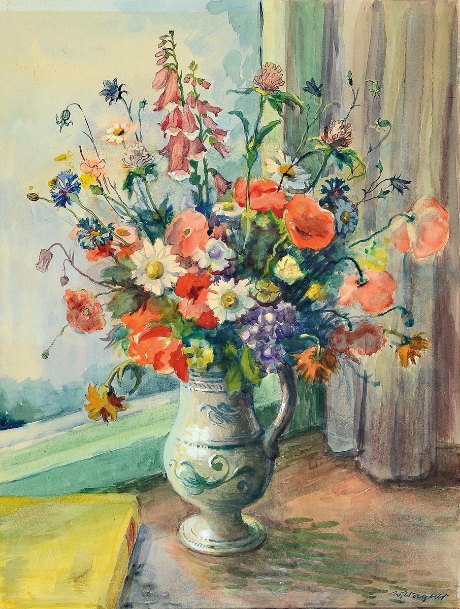 Wilhelm Wagner, 1887 Hanau-1968 Bad Saarow, Stillleben mit Feldblumenstrauß vor Fenster, Aquarell auf Papier, ca. 43x33cm, PP, u.Gl., R. ca. ...