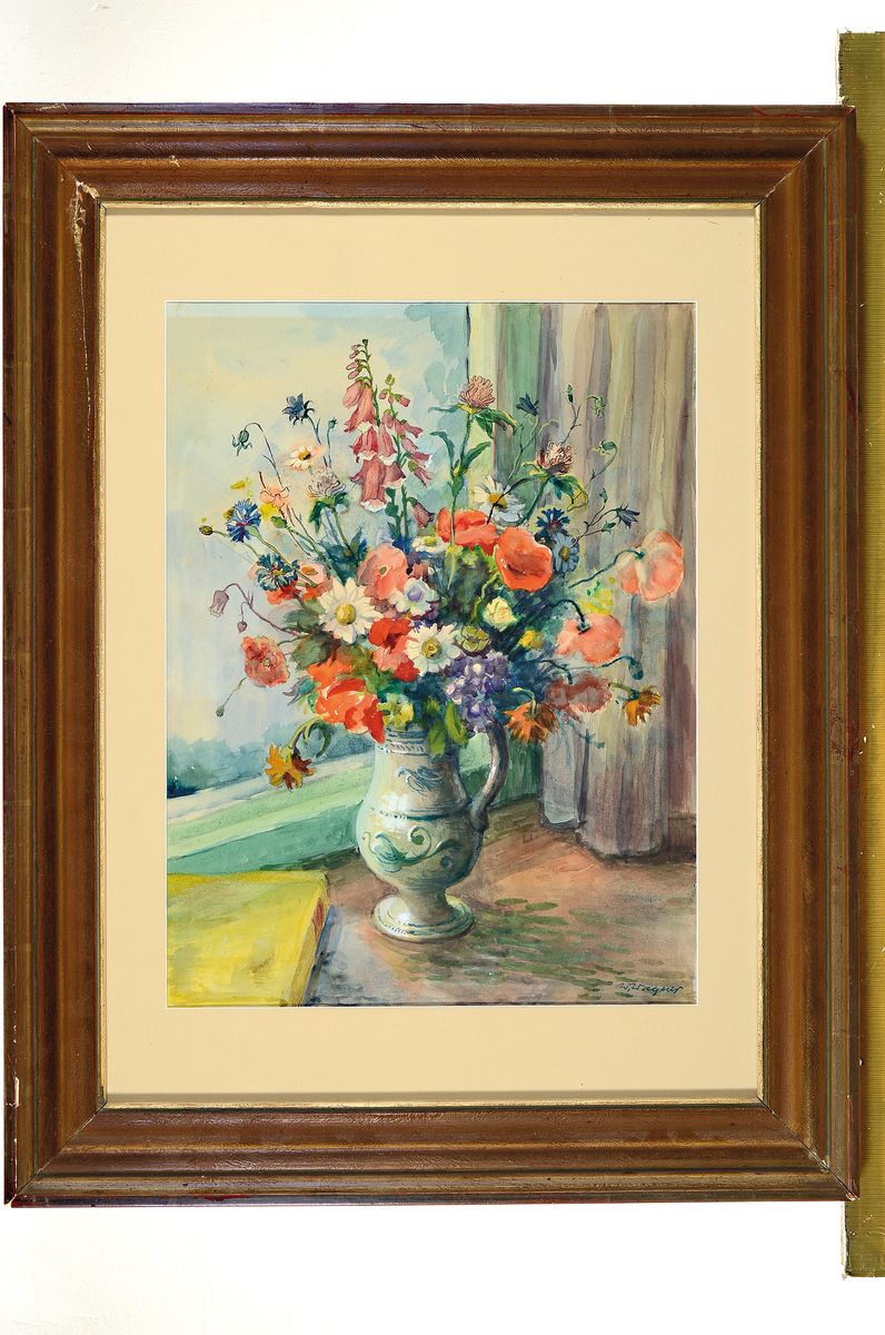 Detail k: Wilhelm Wagner, 1887 Hanau-1968 Bad Saarow, Stillleben mit Feldblumenstrauß vor Fenster, Aquarell auf Papier, ca. 43x33cm, PP, u.Gl., R. ca. ...