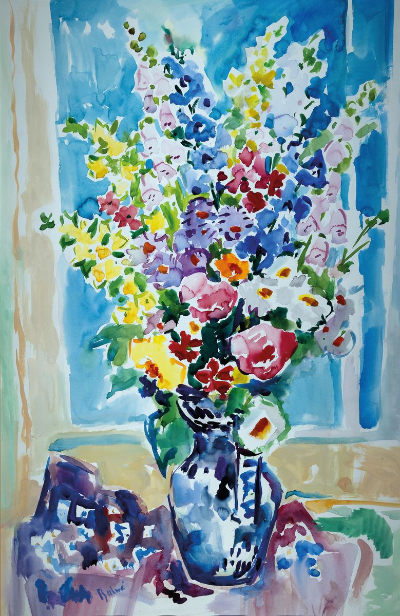 Arnold Balwé, 1898 Dresden-1983 Feldwies am Chiemsee, Blumenstillleben, großer Blumenstrauß vor dem Fenster, Aquarell auf Papier, links unten ...