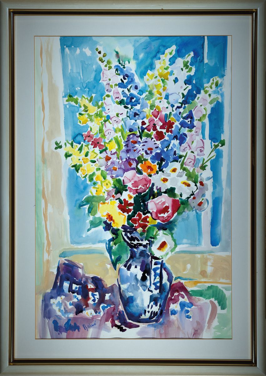 Detail k: Arnold Balwé, 1898 Dresden-1983 Feldwies am Chiemsee, Blumenstillleben, großer Blumenstrauß vor dem Fenster, Aquarell auf Papier, links unten ...