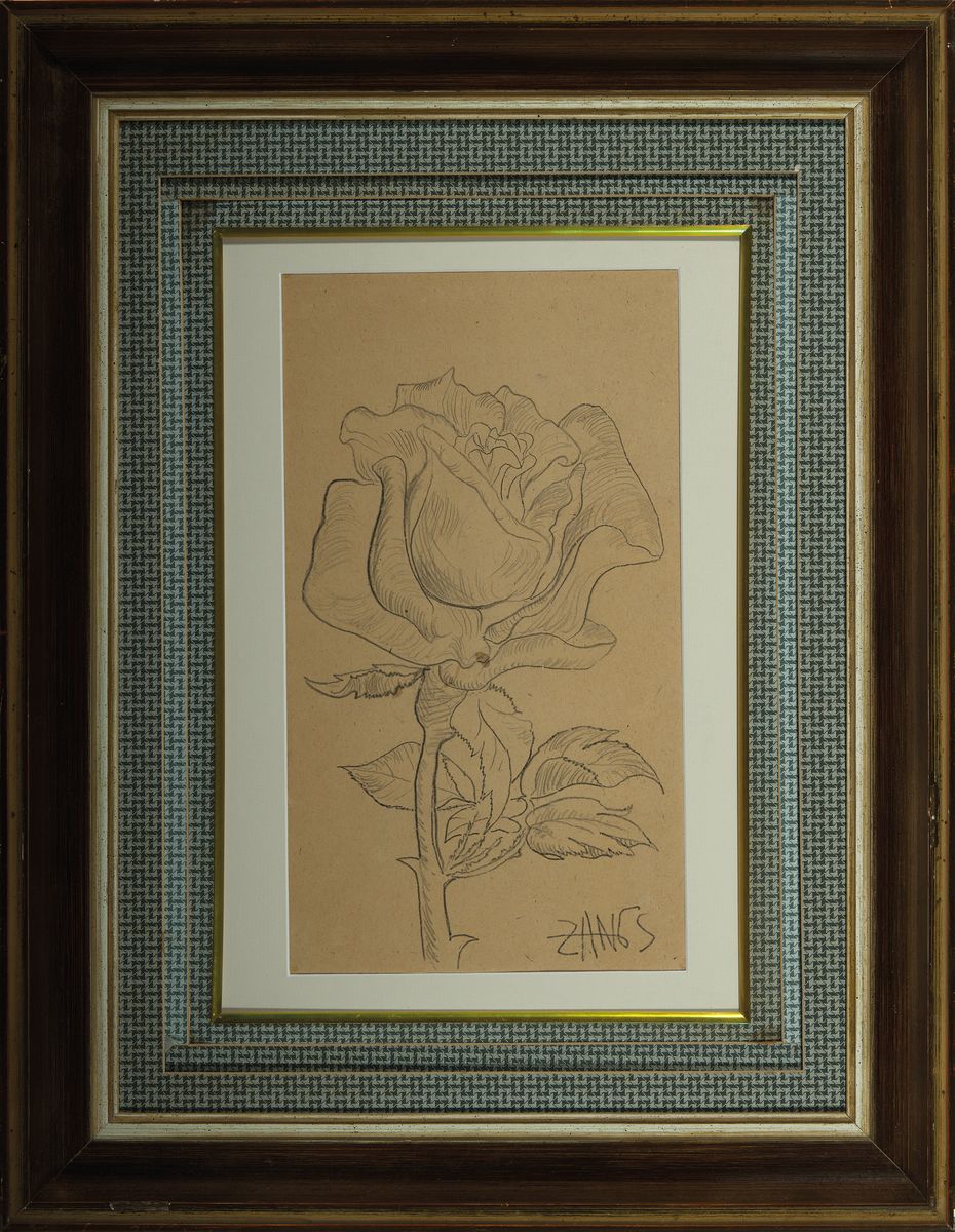 Detail k: Herbert Zangs, 1924-2003 Krefeld, Rosenblüte, Bleistiftzeichnung auf Papier, gebräunt, rechts unten signiert, ca. 32x18cm, PP, u.Gl., R. ca. ...