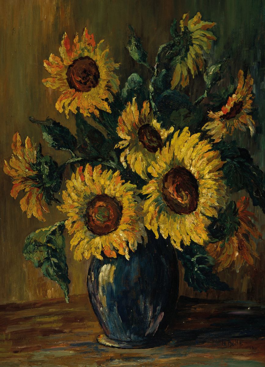 H. Botte, datiert 1953, Stillleben mit Sonnenblumen, Öl/Hartfaser, rechts unten signiert und dat., ca. 55x41cm, R. ca. 69x54cm