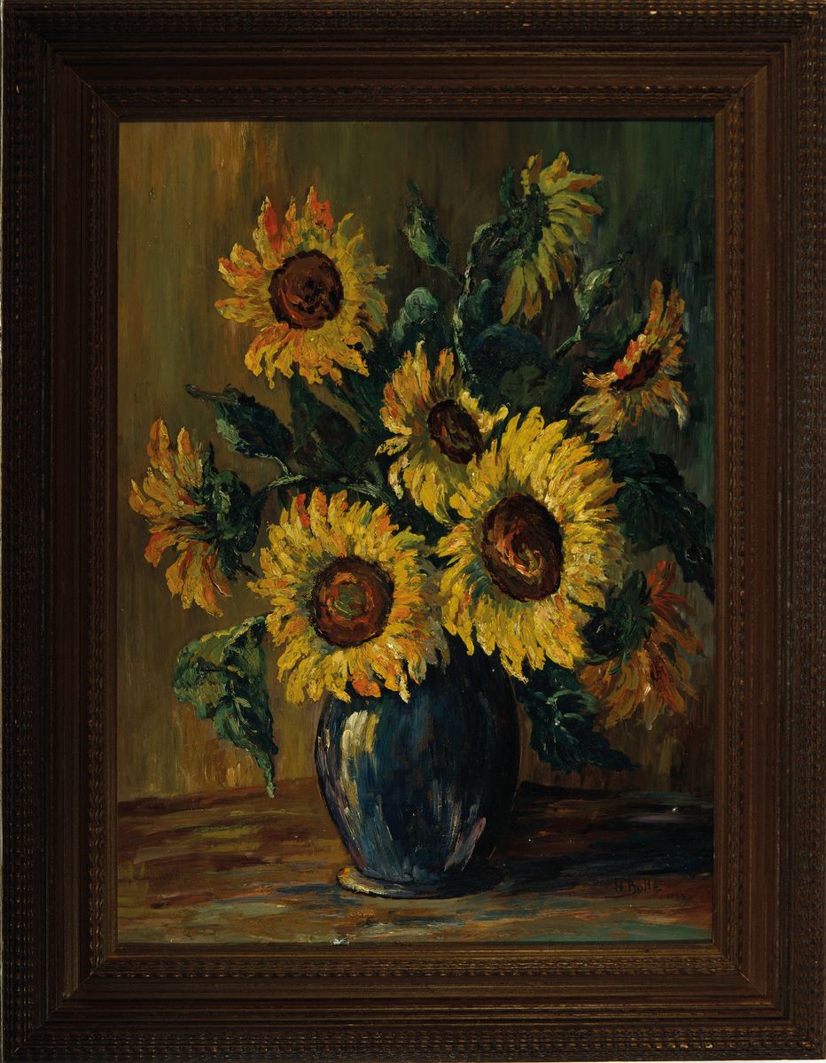 Detail k: H. Botte, datiert 1953, Stillleben mit Sonnenblumen, Öl/Hartfaser, rechts unten signiert und dat., ca. 55x41cm, R. ca. 69x54cm