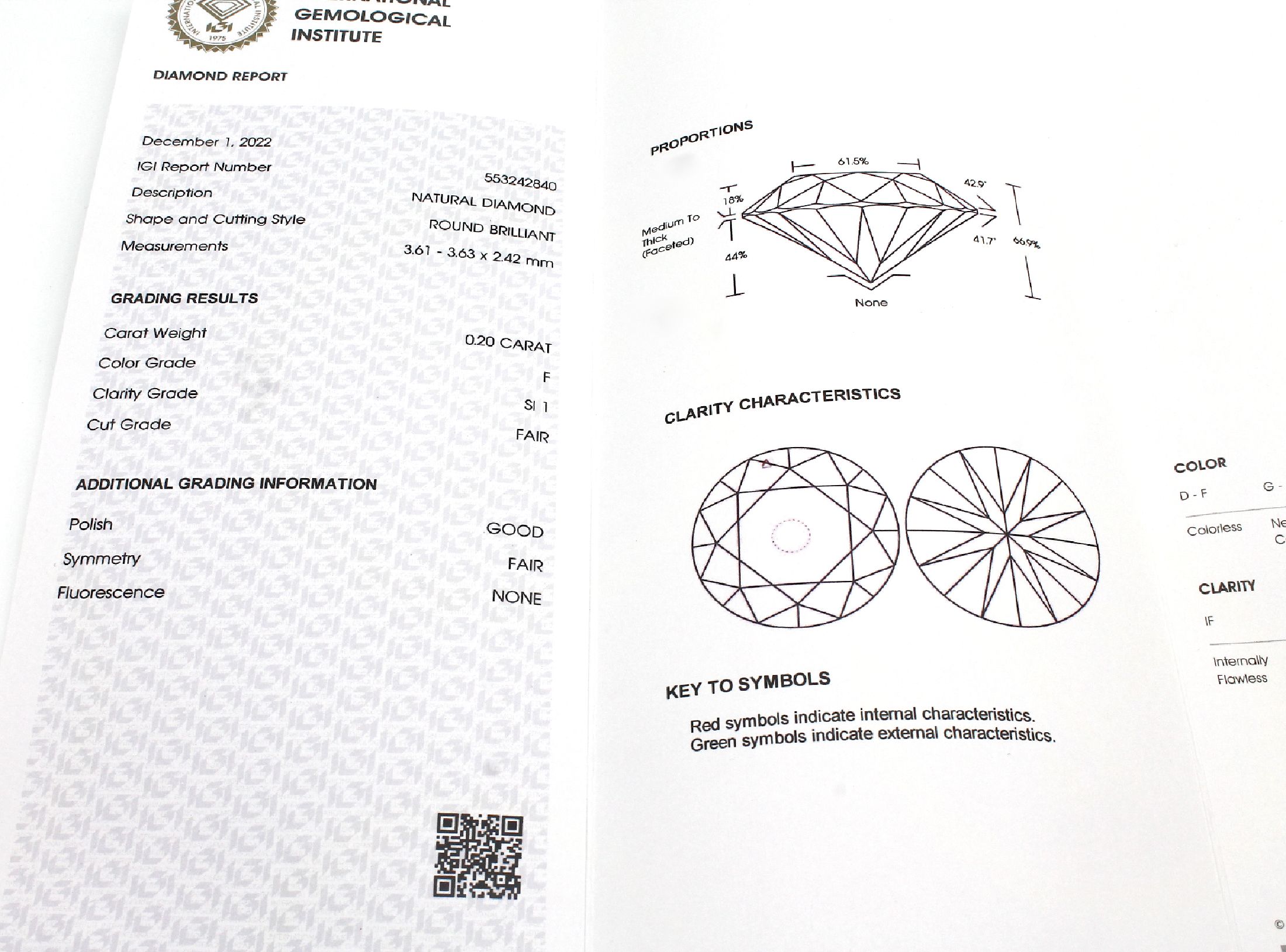 Detail a: Brillant ca. 0.20 ct feines Weiß F/si 1, verschweißt, IGI Expertise