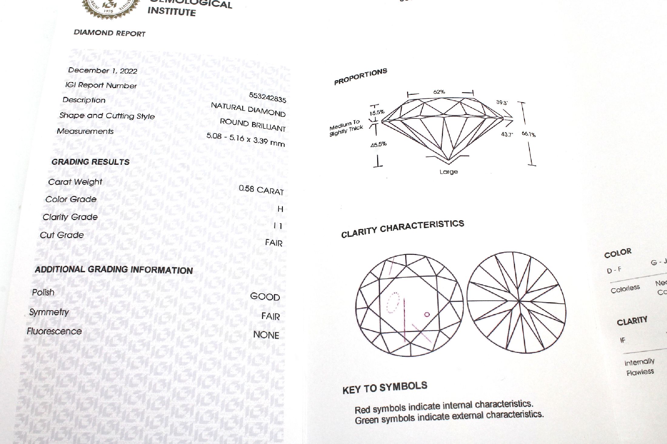 Detail a: Brillant 0.58 ct Weiß H/p 1, verschweißt, IGI Expertise