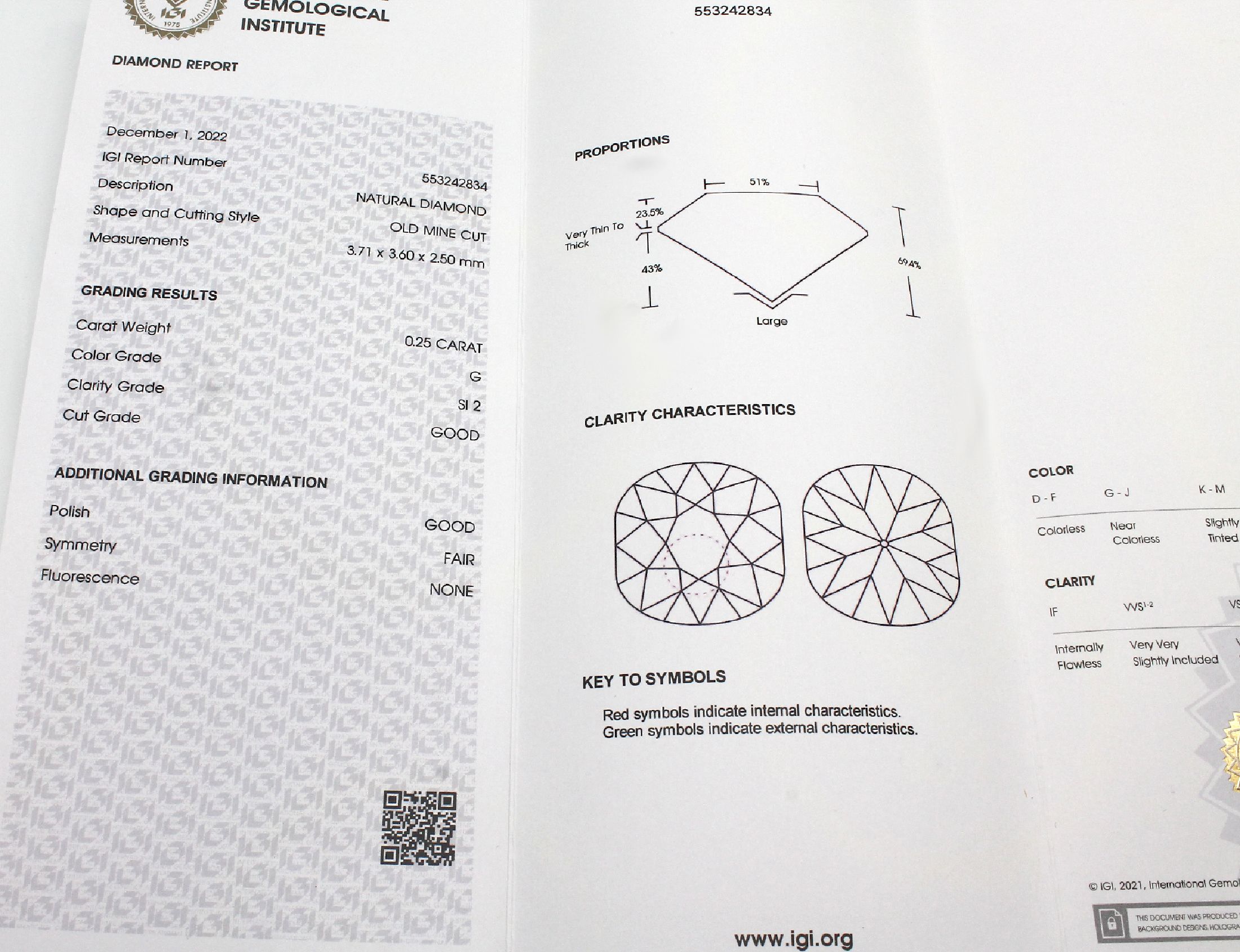 Detail a: Diamant 0.25 ct feines Weiß G/si 2, verschweißt, IGI Expertise