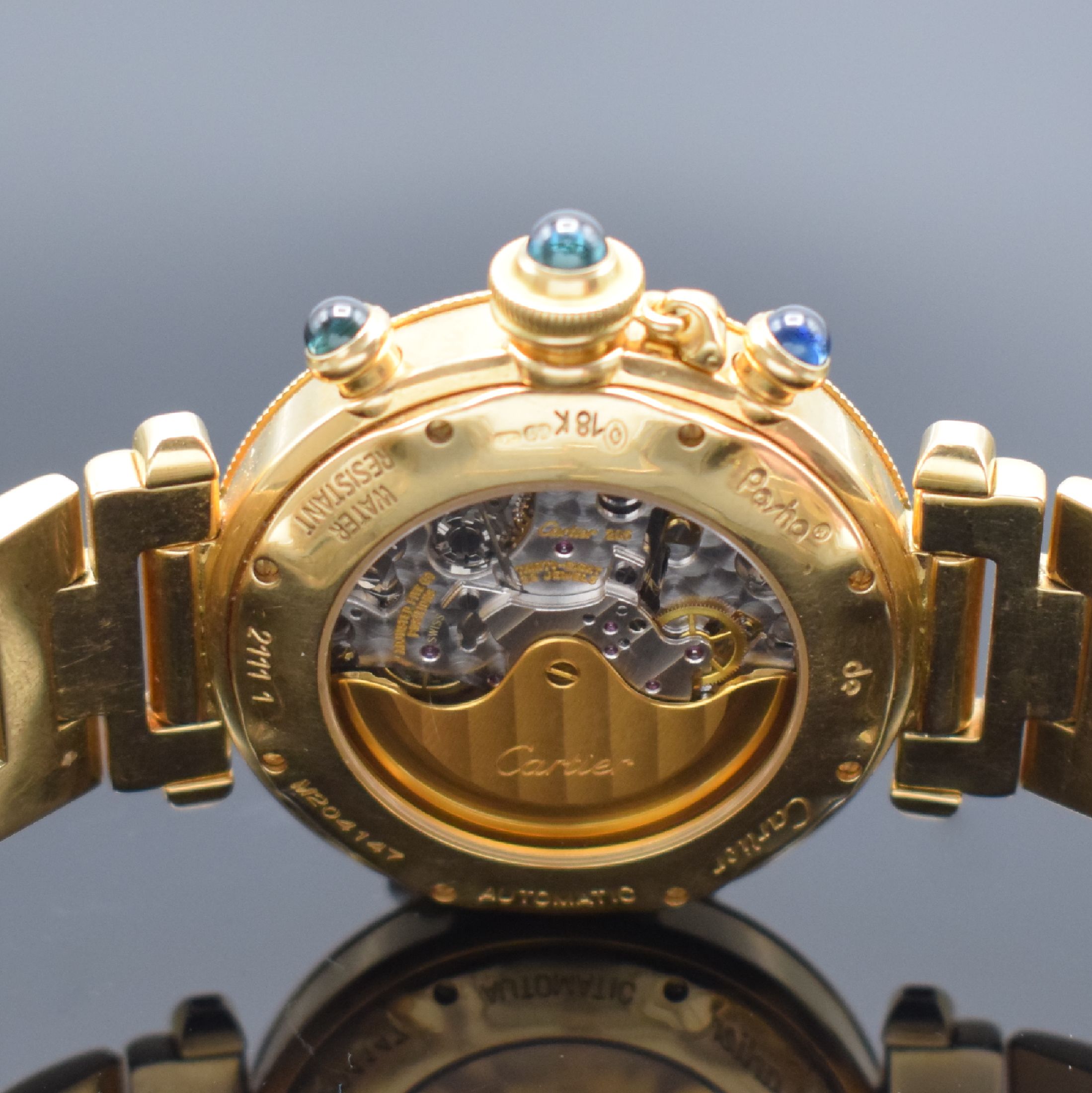 Detail e: CARTIER Armbandchonograph Serie Pasha in GG 750/000 Referenz 2111, Automatik, beids. vergl. Geh. inkl. orig. Gliederband m. dopp. Faltschl., Boden ...