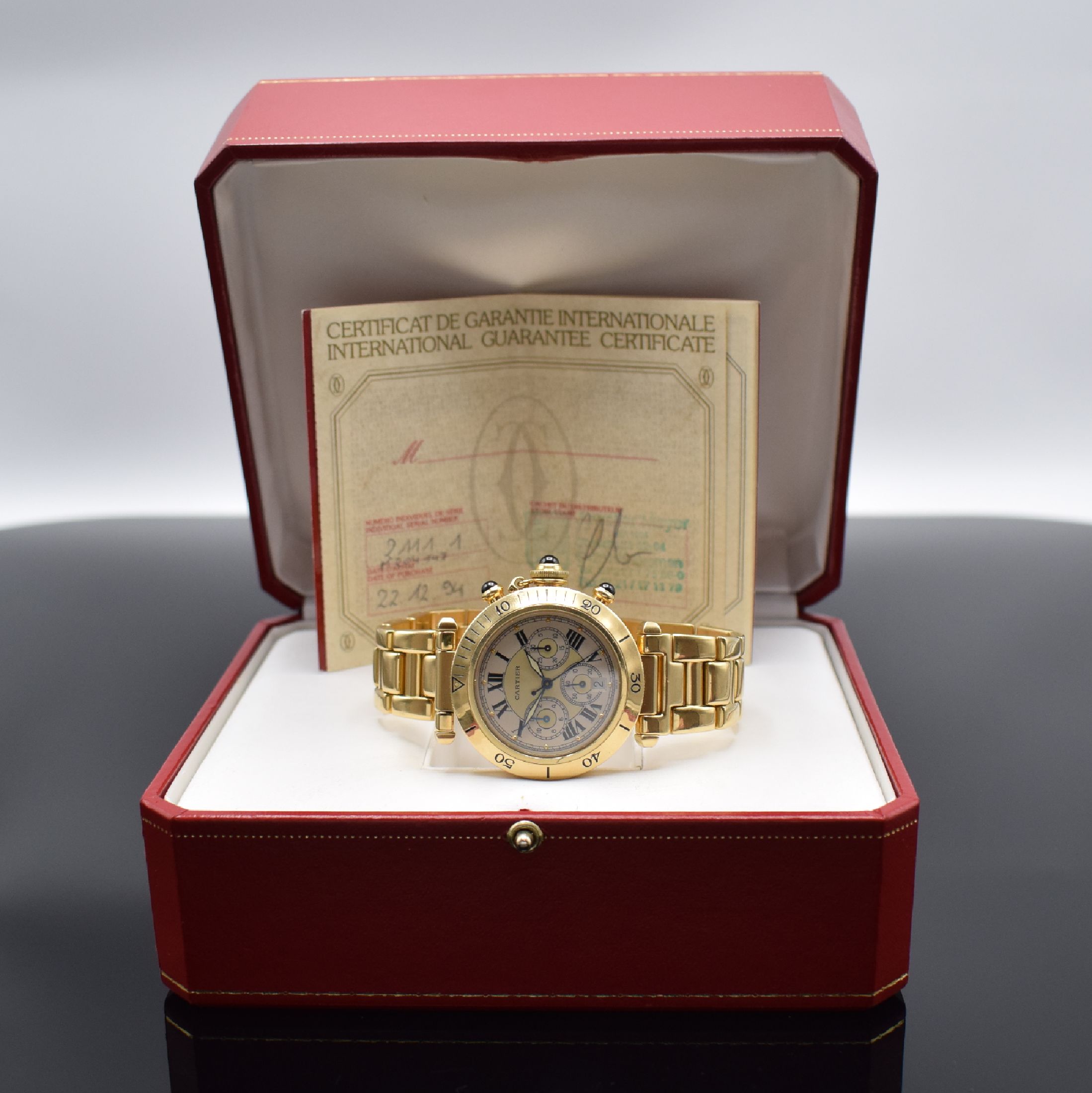 Detail g: CARTIER Armbandchonograph Serie Pasha in GG 750/000 Referenz 2111, Automatik, beids. vergl. Geh. inkl. orig. Gliederband m. dopp. Faltschl., Boden ...