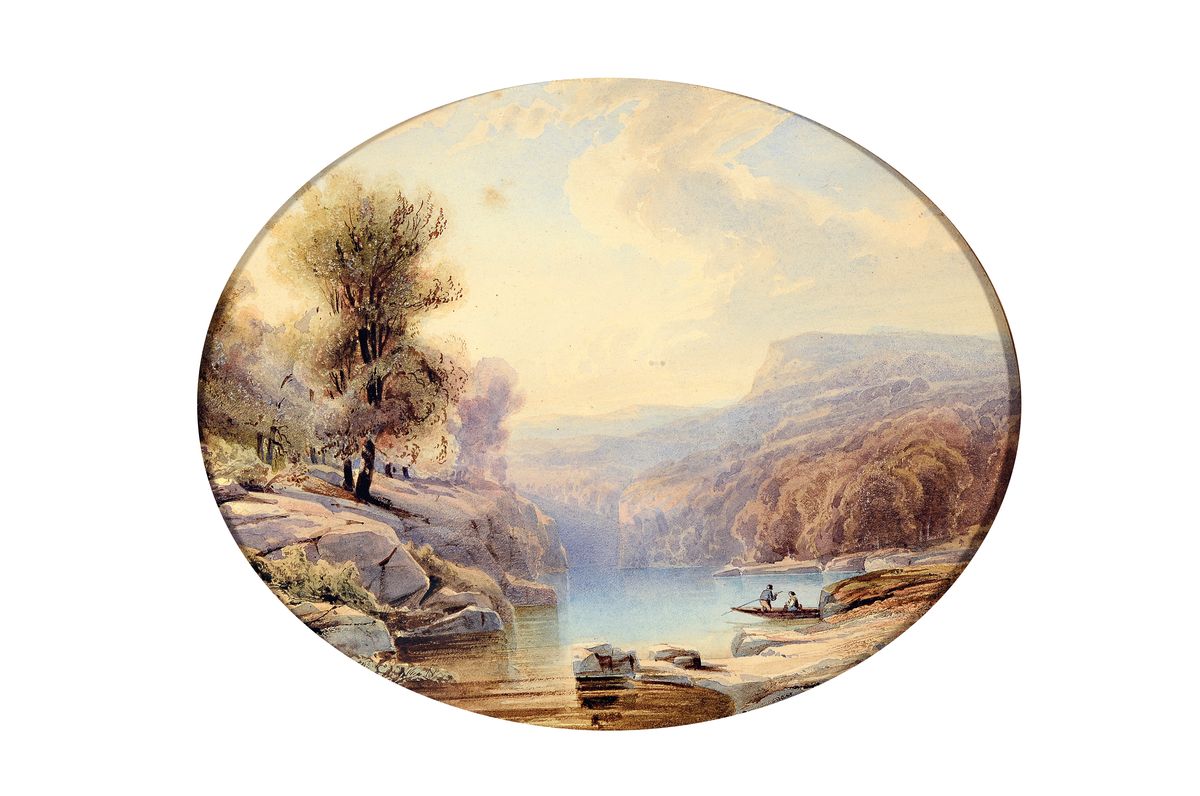 Detail a: Süddeutscher Künstler, Mitte 19. Jh., Zwei spätromantische Aquarelle von feiner Qualität, Pendants, oval, auf Papier, re. außen unleserlich ...