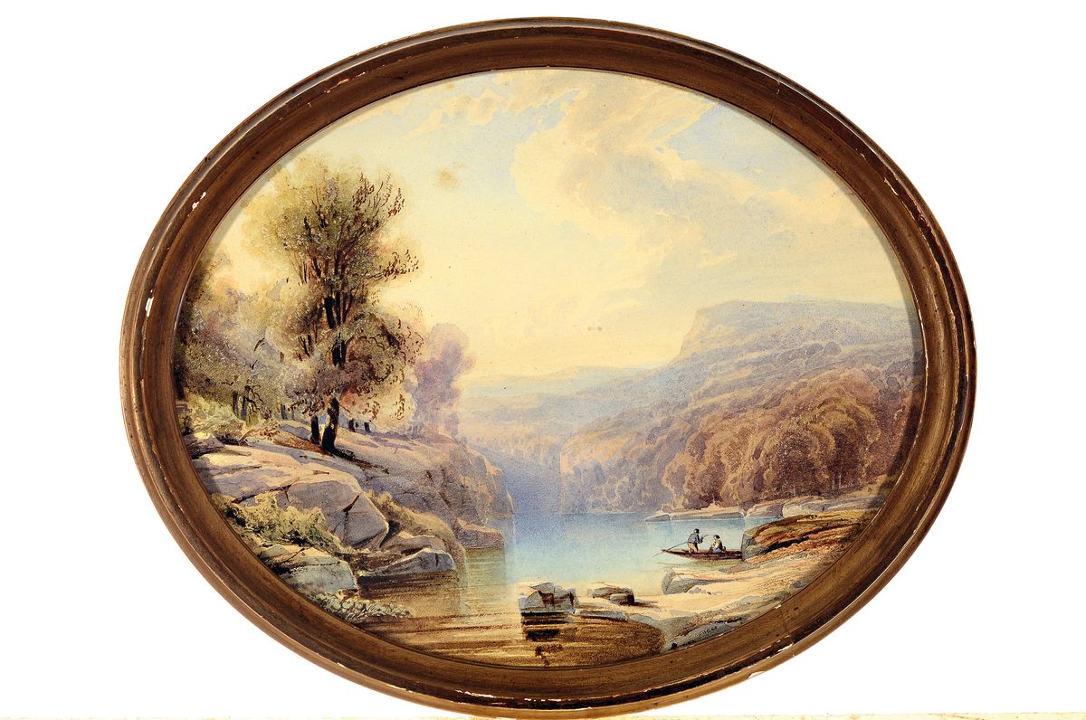 Detail l: Süddeutscher Künstler, Mitte 19. Jh., Zwei spätromantische Aquarelle von feiner Qualität, Pendants, oval, auf Papier, re. außen unleserlich ...