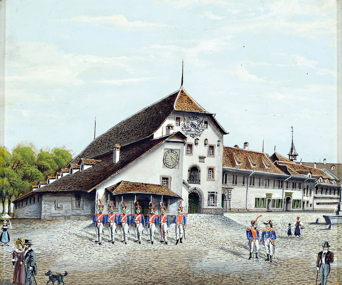 Detail a: Zwei historische Darstellungen, 19. Jh., Gouache, a. Stadtburg Nydegg in Bern in ihrem mittelalterlichen Zustand des 13.Jh., b. Zeughaus in Bern mit ...