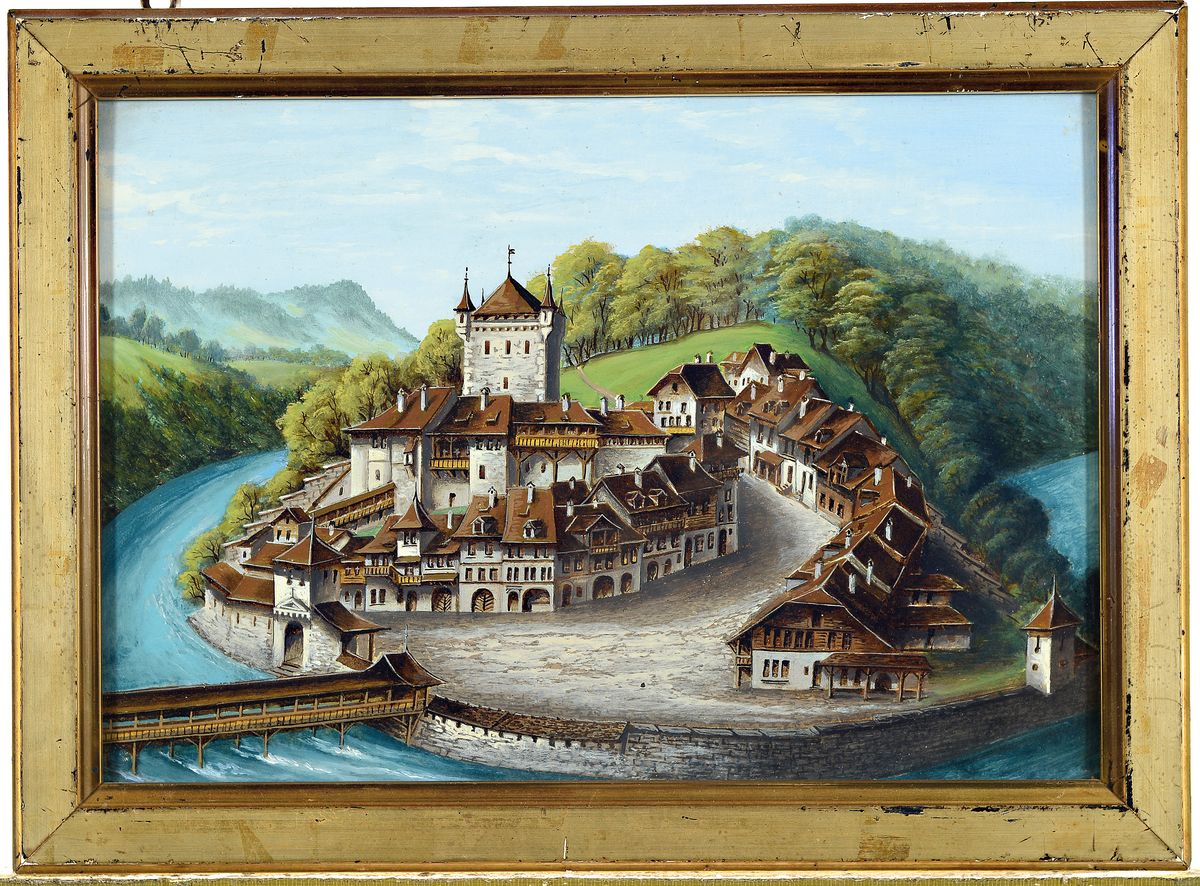 Detail k: Zwei historische Darstellungen, 19. Jh., Gouache, a. Stadtburg Nydegg in Bern in ihrem mittelalterlichen Zustand des 13.Jh., b. Zeughaus in Bern mit ...