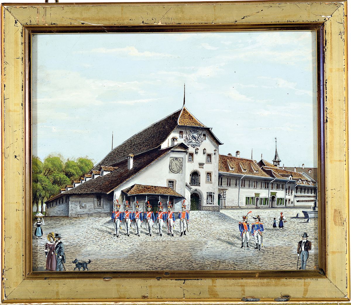 Detail l: Zwei historische Darstellungen, 19. Jh., Gouache, a. Stadtburg Nydegg in Bern in ihrem mittelalterlichen Zustand des 13.Jh., b. Zeughaus in Bern mit ...