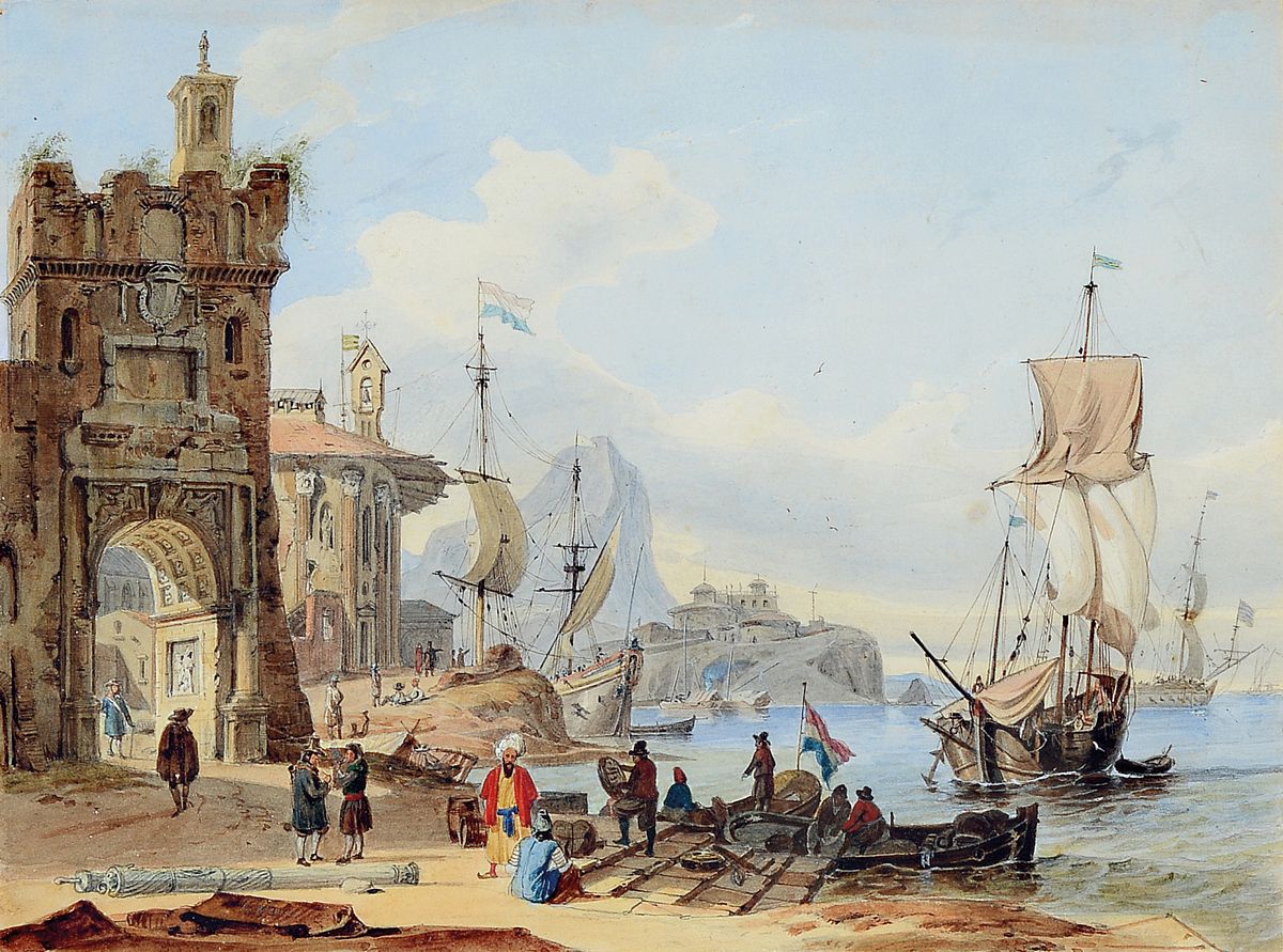 Carl Friedrich Heinrich Werner, 1808 Weimar - 1894 Leipzig, lebhafte Hafenszene, Aquarell über Bleistift auf Papier, li. unten mit Bleistift ...
