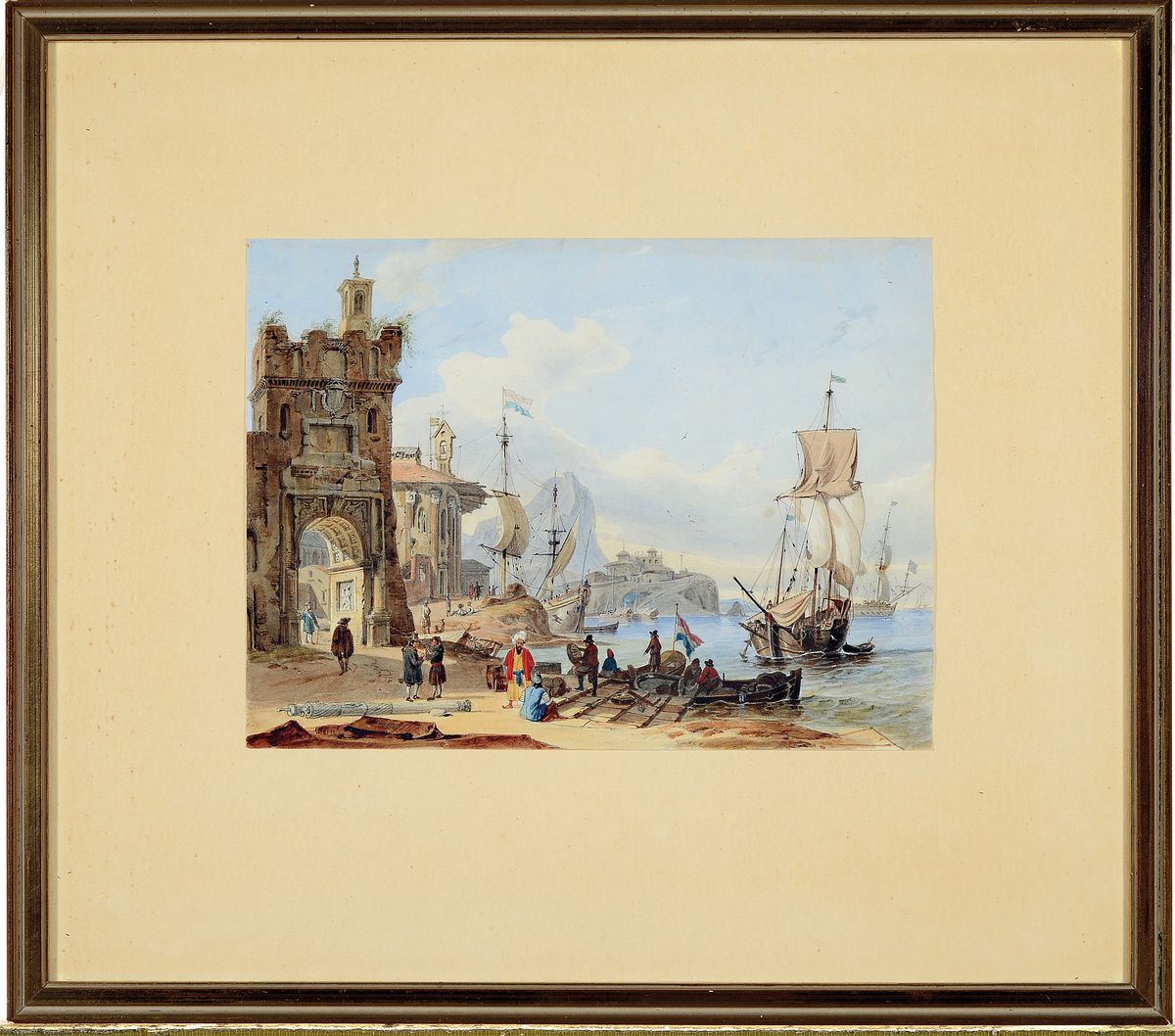 Detail k: Carl Friedrich Heinrich Werner, 1808 Weimar - 1894 Leipzig, lebhafte Hafenszene, Aquarell über Bleistift auf Papier, li. unten mit Bleistift ...