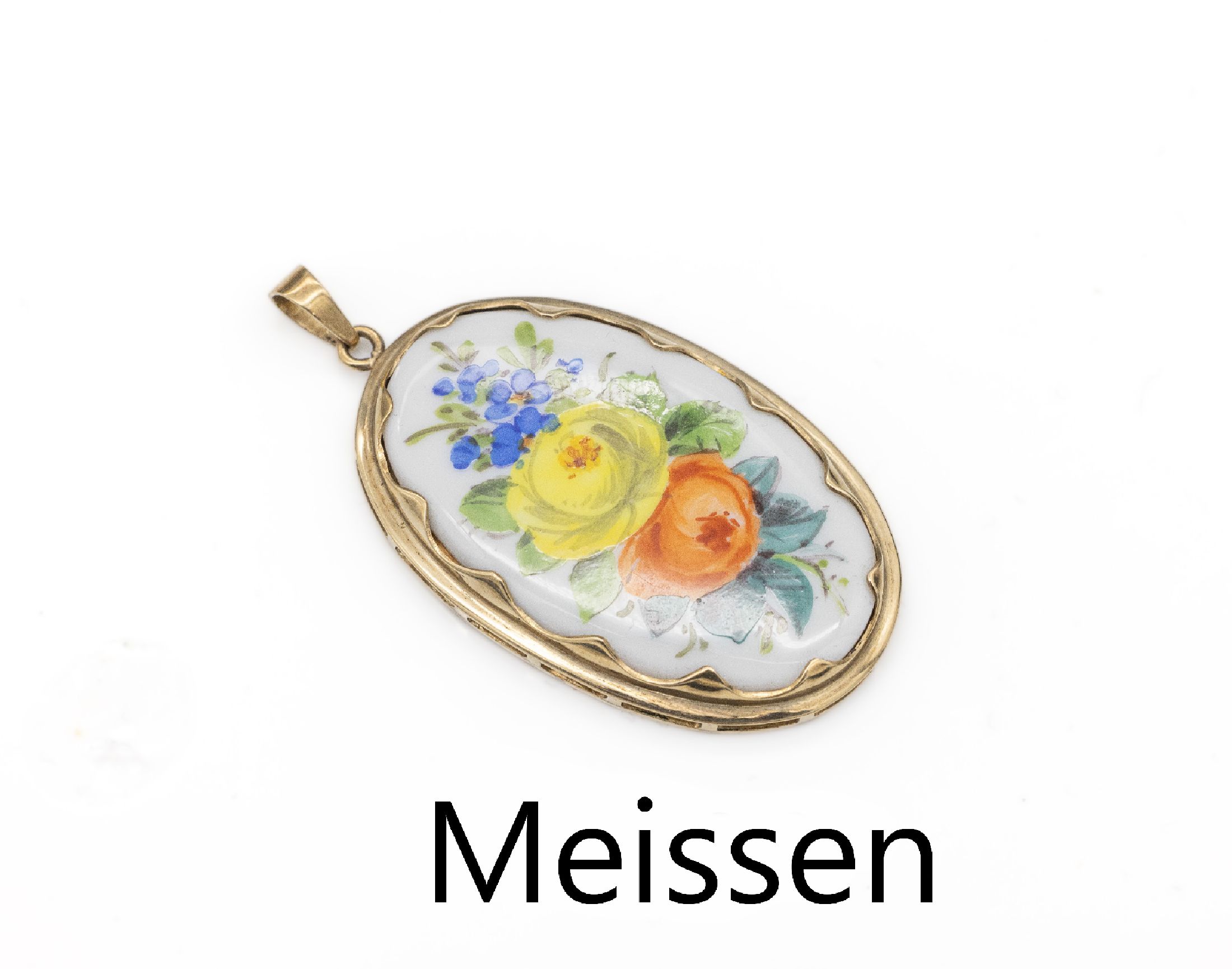 8 kt Gold Anhänger mit MEISSEN Porzellaneinlage, Fassung GG 333/000, Darstellung deutsche Blumen, L. ca. 4.5 cm