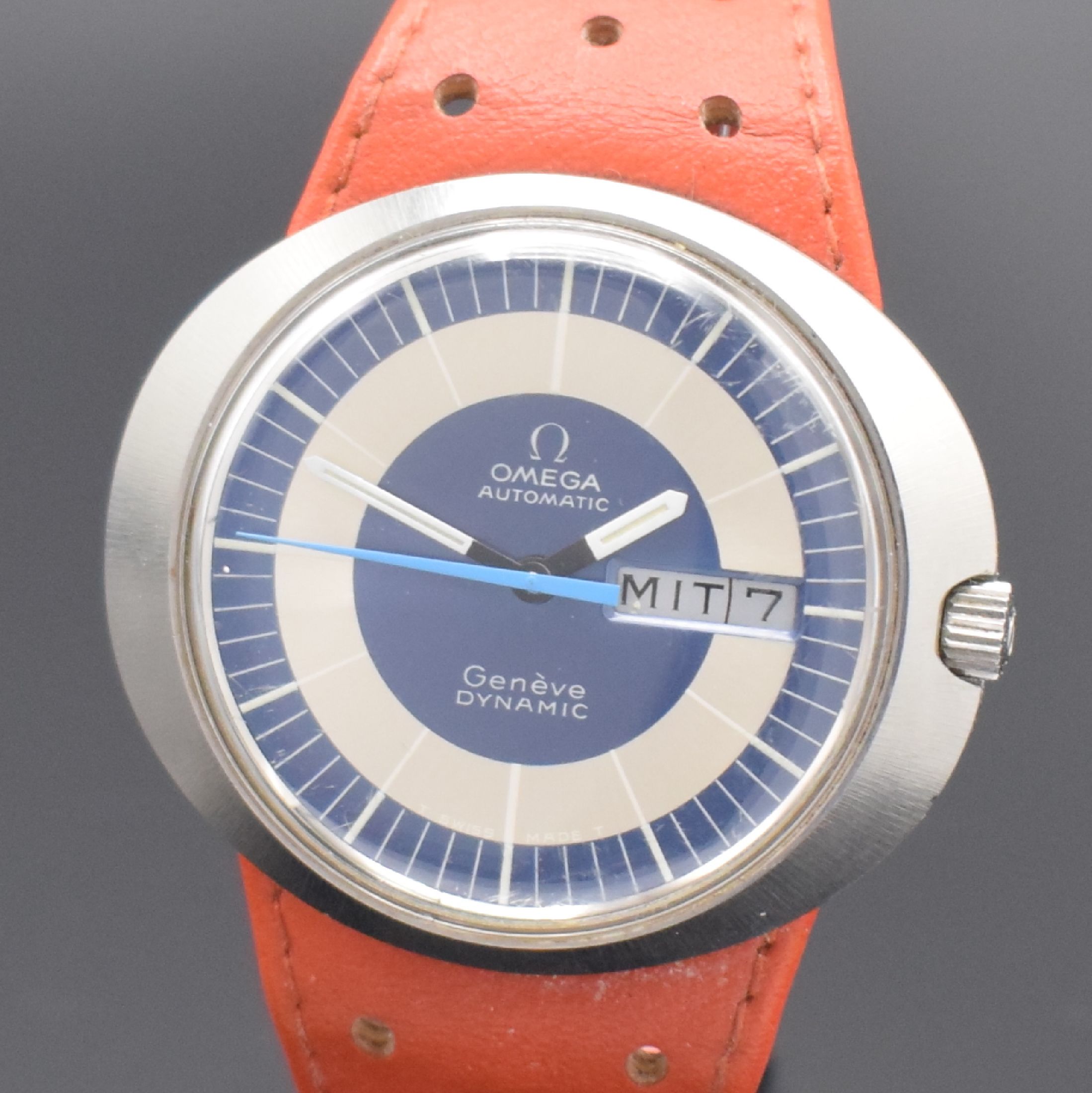 Detail a: OMEGA Geneve Dynamic gut erhaltene Herrenarmbanduhr in Stahl Referenz ST 166.079, Schweiz um 1968, Automatik, quer- ovales Geh., orig. Lederband m. ...