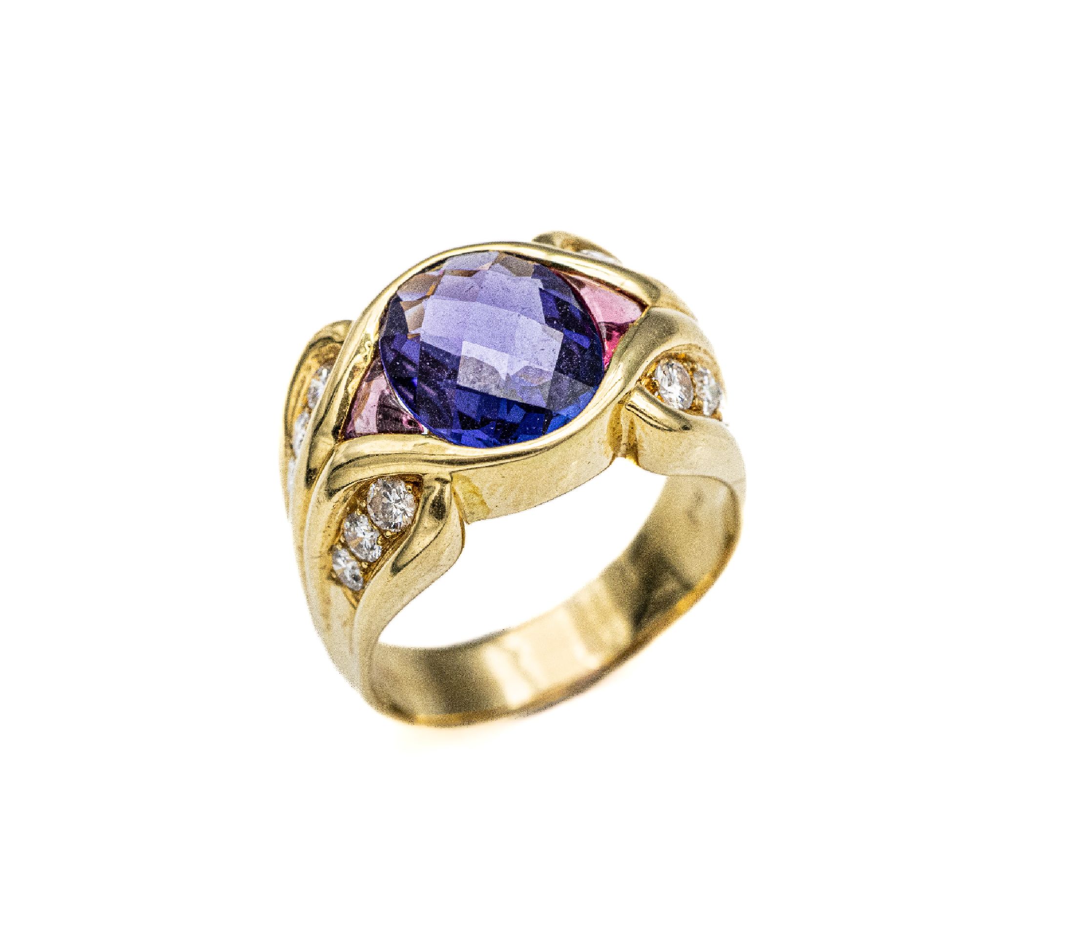 18 kt Gold Tansanit-Brillant-Ring, GG 750/000, ovalfacett. Tansanit ca. 2.80 ct, 12 Brillanten zus. ca. 0.32 ct Weiß/si, ca. 8.2 g, RW 54