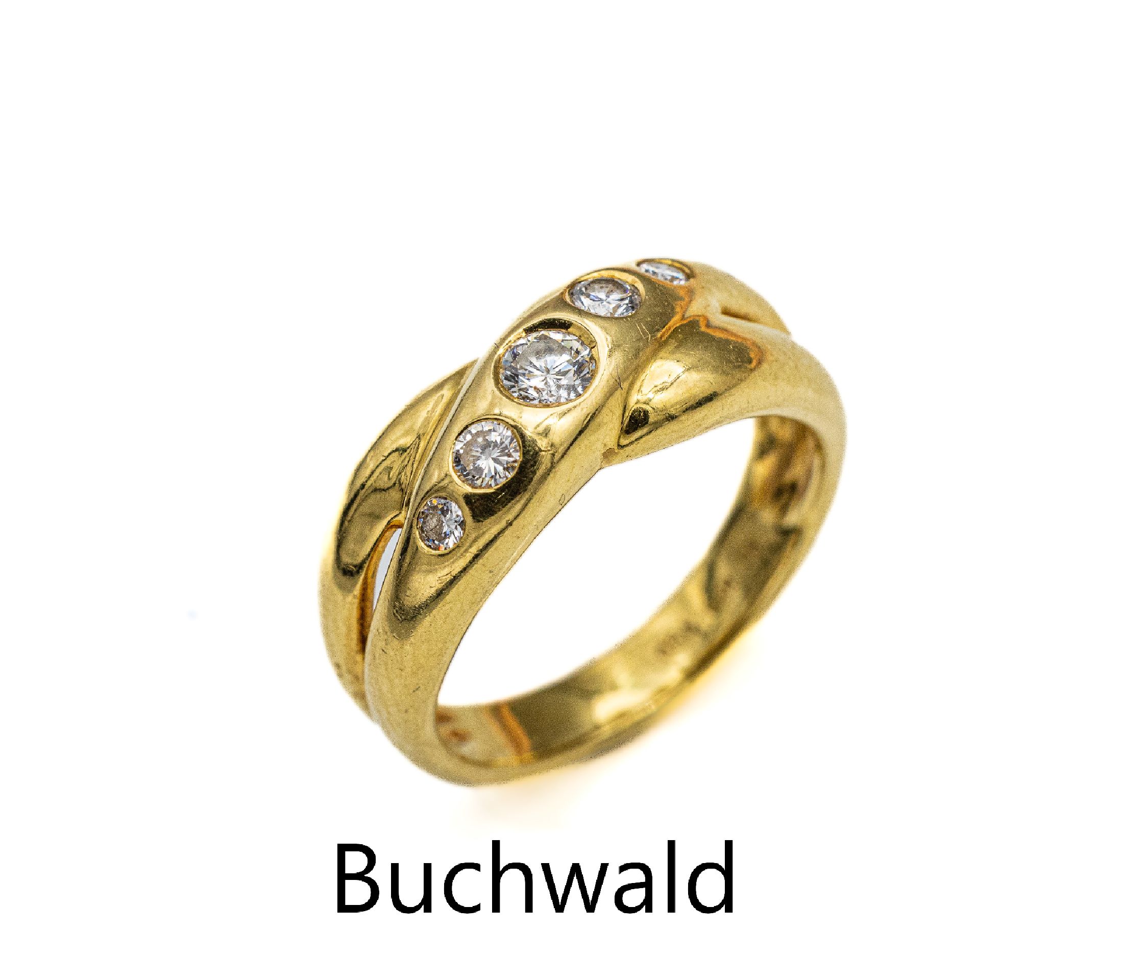18 kt Gold Brillant-Ring, GG 750/000, Meistermarke H.P. BUCHWALD, 5 Brillanten zus. ca. 0.30 ct feines Weiß/si, ca. 6.4 g, RW 55