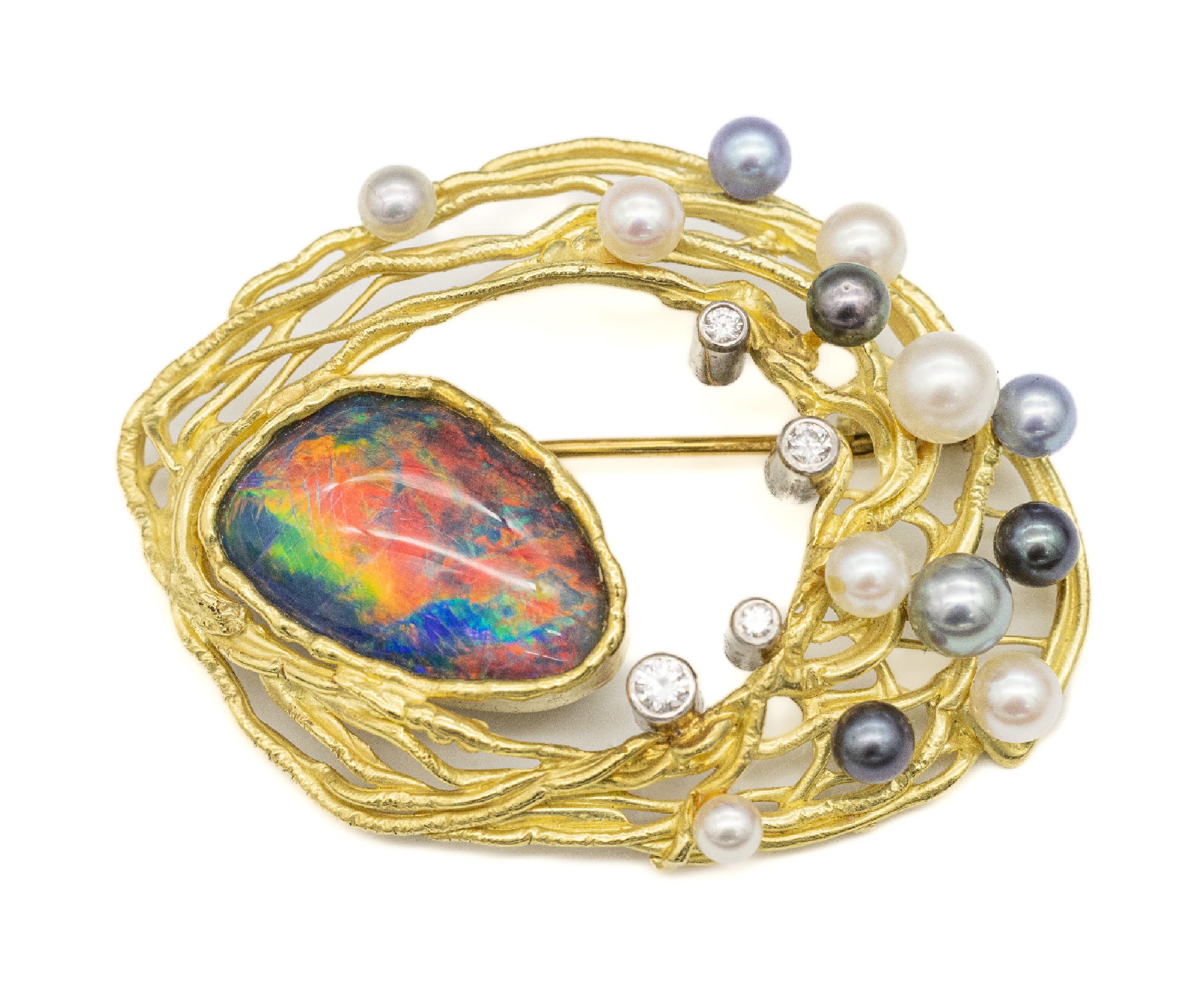 18 kt Gold Zuchtperl-Opal-Brosche, GG 750/000, Handarbeit, 1 Opal-Triplette, 12 kl. Zuchtperlen weiß und grau Durchm. ca. 3 - 5 mm, 4 in WG ...