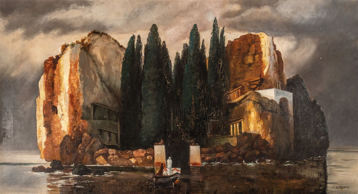 Kopist nach Arnold Böcklin, 1920er/1930er Jahre, Die Toteninsel, Öl/Lwd, rechts unten signiert M. Böttcher, ca. 70x130cm, in reich reliefiertem ...