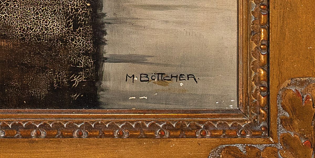 Detail a: Kopist nach Arnold Böcklin, 1920er/1930er Jahre, Die Toteninsel, Öl/Lwd, rechts unten signiert M. Böttcher, ca. 70x130cm, in reich reliefiertem ...