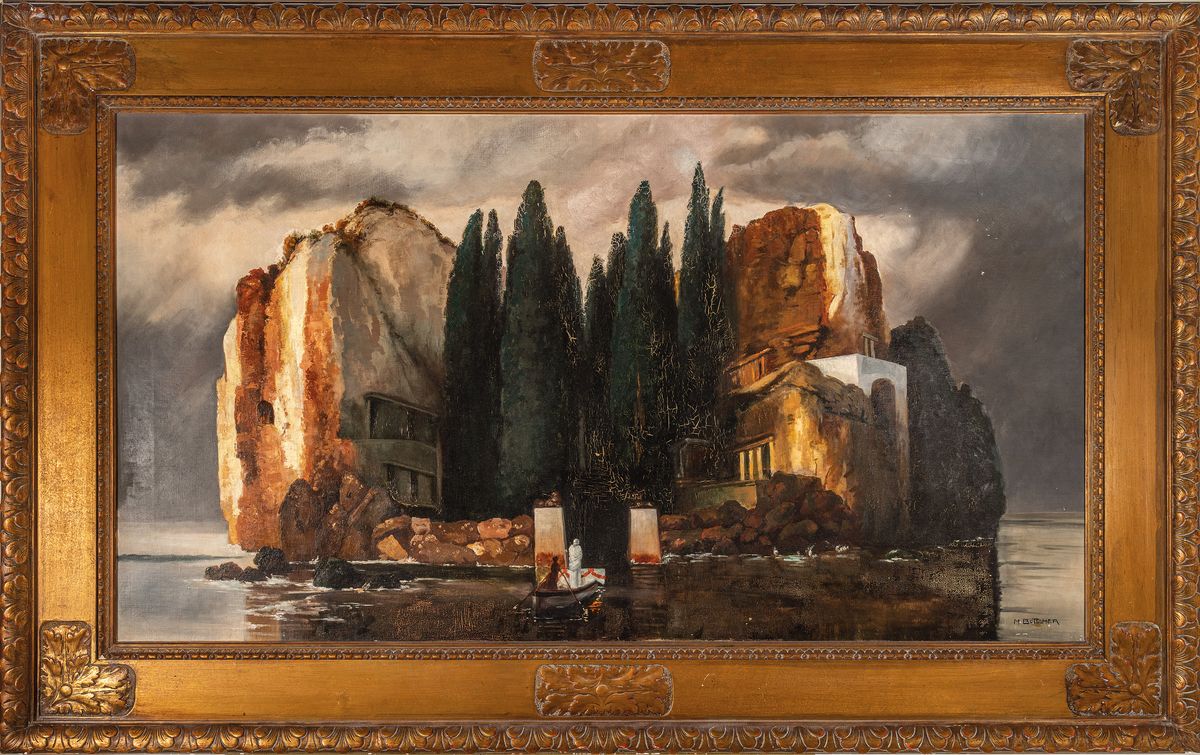 Detail k: Kopist nach Arnold Böcklin, 1920er/1930er Jahre, Die Toteninsel, Öl/Lwd, rechts unten signiert M. Böttcher, ca. 70x130cm, in reich reliefiertem ...
