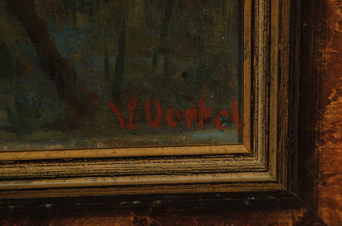 Detail a: Wilhelm Oertel, 1870 Frankfurt a.M. - 1933 Mannheim, am Teich, intime Parklandschaft mit Fischerboot, rechts unten signiert, Öl/Lwd, doubliert, ...