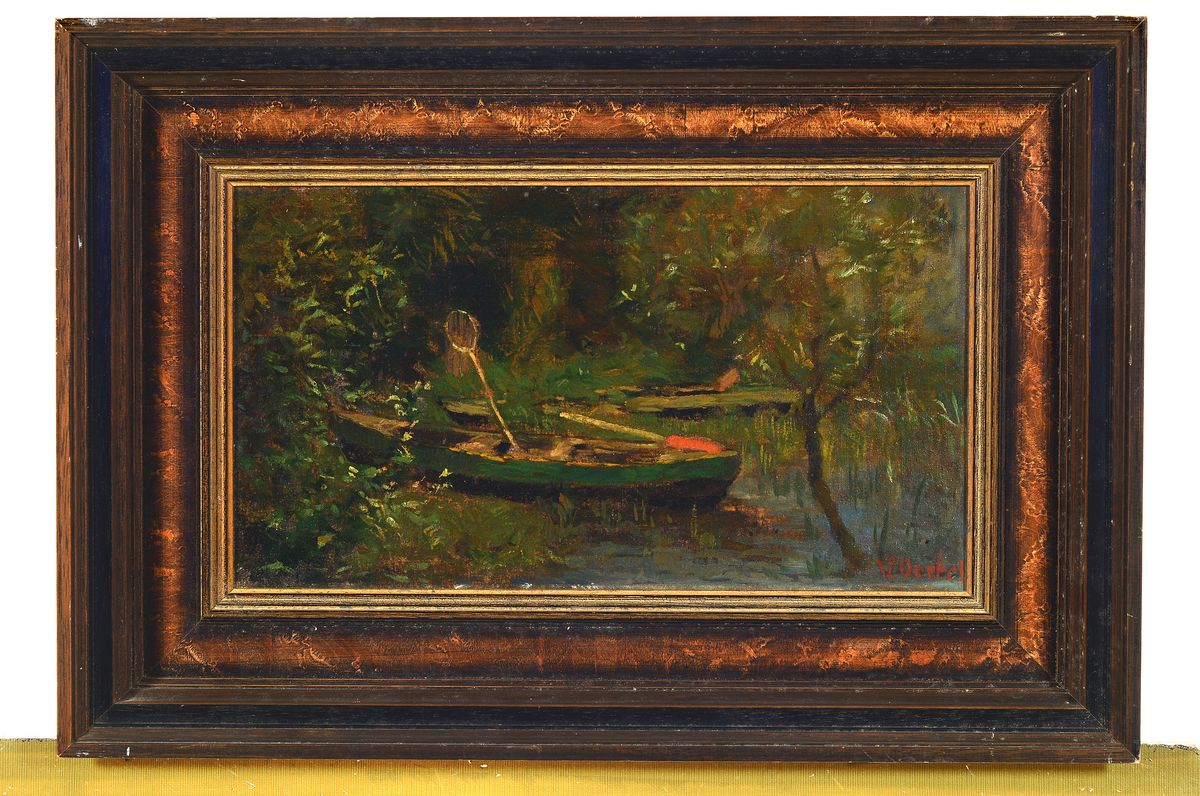 Detail k: Wilhelm Oertel, 1870 Frankfurt a.M. - 1933 Mannheim, am Teich, intime Parklandschaft mit Fischerboot, rechts unten signiert, Öl/Lwd, doubliert, ...