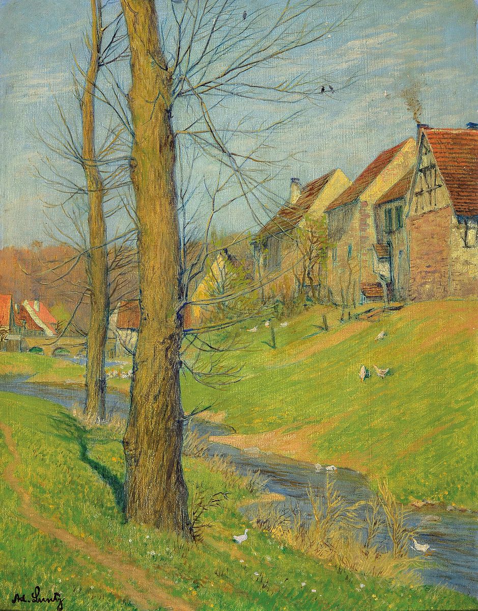 Adolf Luntz, 1875 Wien - 1934 Karlsruhe, Studium an den Akademien Wien und Karlsruhe, "Frühling am Bach, 1929", so verso auf Lwd bez., ...