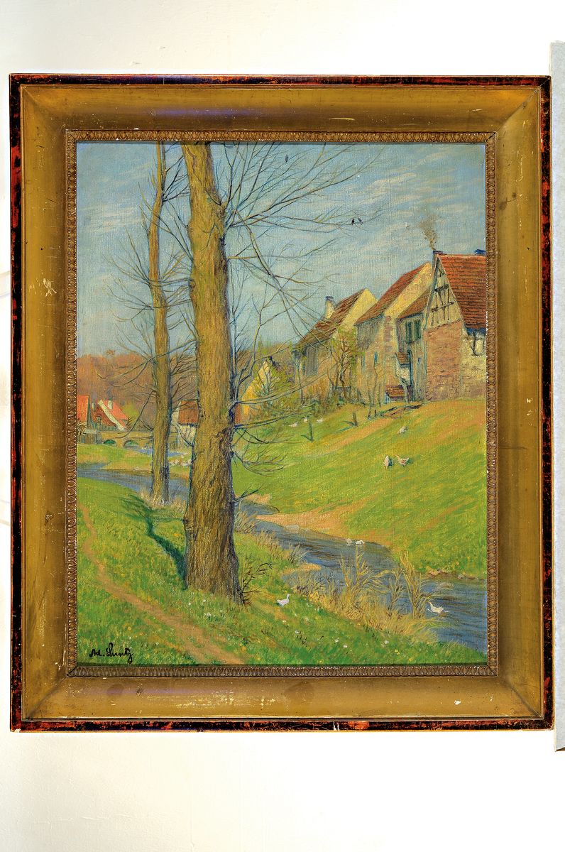 Detail k: Adolf Luntz, 1875 Wien - 1934 Karlsruhe, Studium an den Akademien Wien und Karlsruhe, "Frühling am Bach, 1929", so verso auf Lwd bez., ...