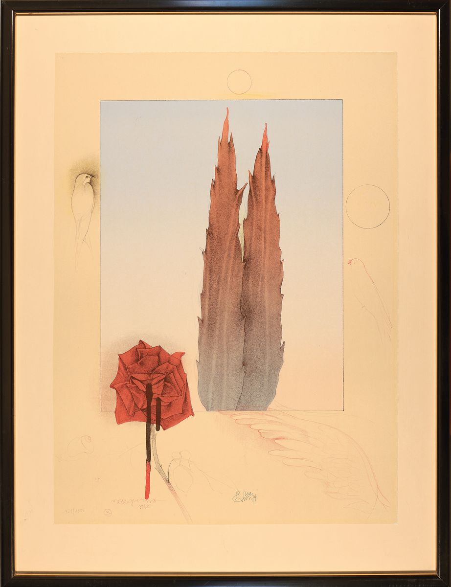Detail k: Bruno Bruni, geb. 1935 Gradara, Originallithographie von 1982, handsigniert und nummeriert, 80x60cm, Merides, Blatt 2 der Mappe ...
