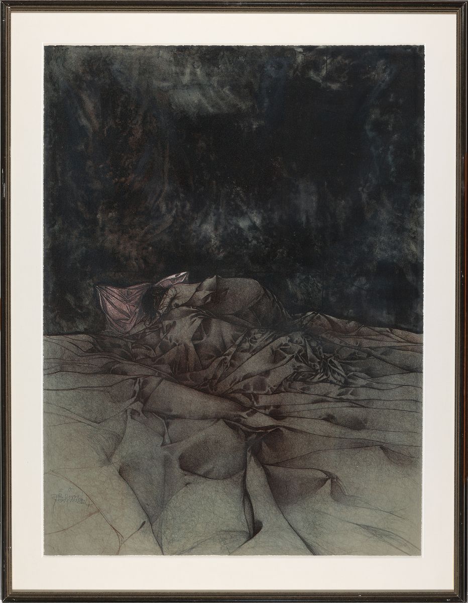 Detail k: Bruno Bruni, geb. 1935 Gradara/Italien, Originallithographie von 1974, handsigniert und nummeriert, hier: Im Bett und Kissen, EA Blattgrösse ca. ...