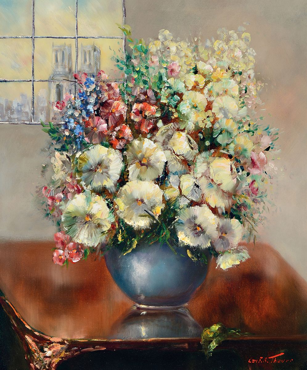 Karl-Friedrich Thauer, 1924-2009, Studium bei Prof. Metz und Hagenmüller, später Studium bei Kokoschka, hier: Blumenstillleben, Öl/Lwd, rechts ...