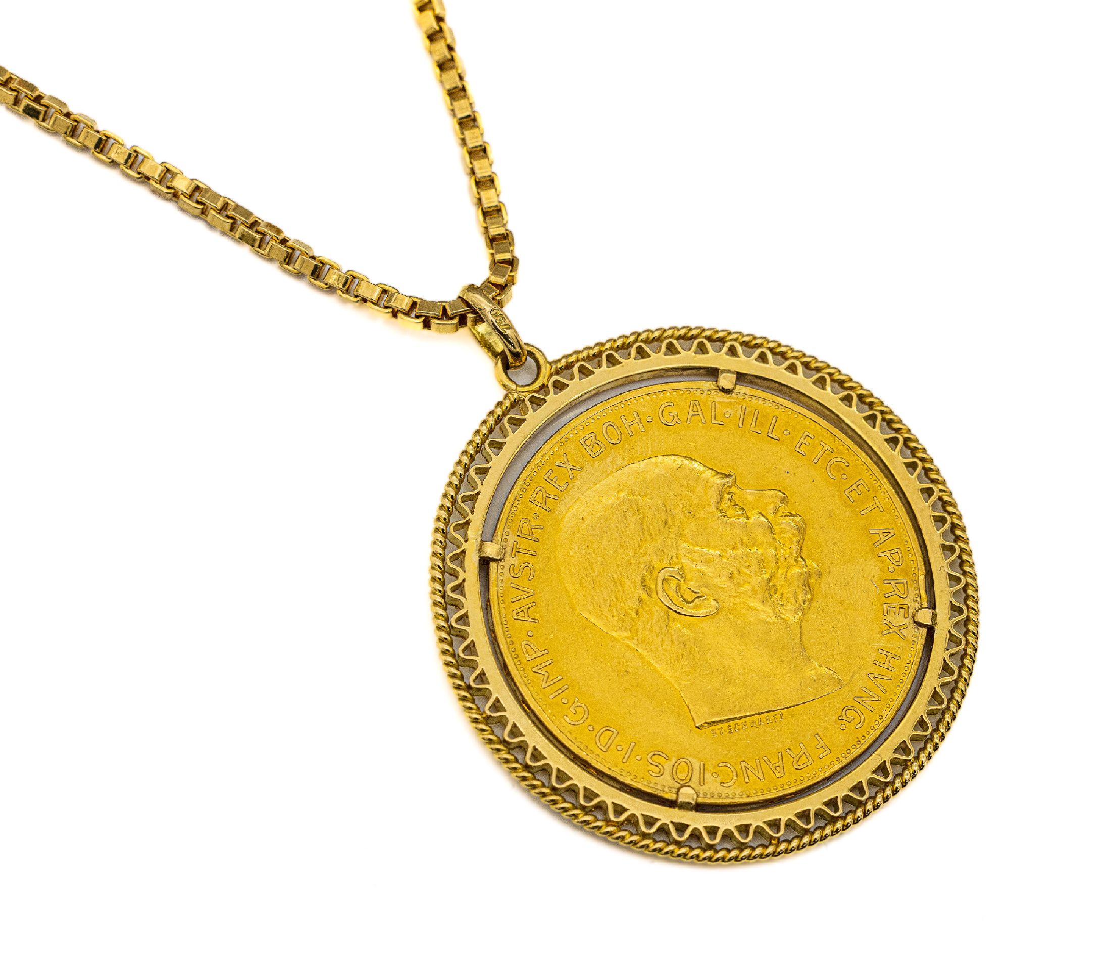 Goldmünze 100 Kronen 1915, offizielle Nachprägung, als Anhänger gefasst, GG 750/000, an Kette, GG 750/000, L. ca. 70 cm, Federringschließe