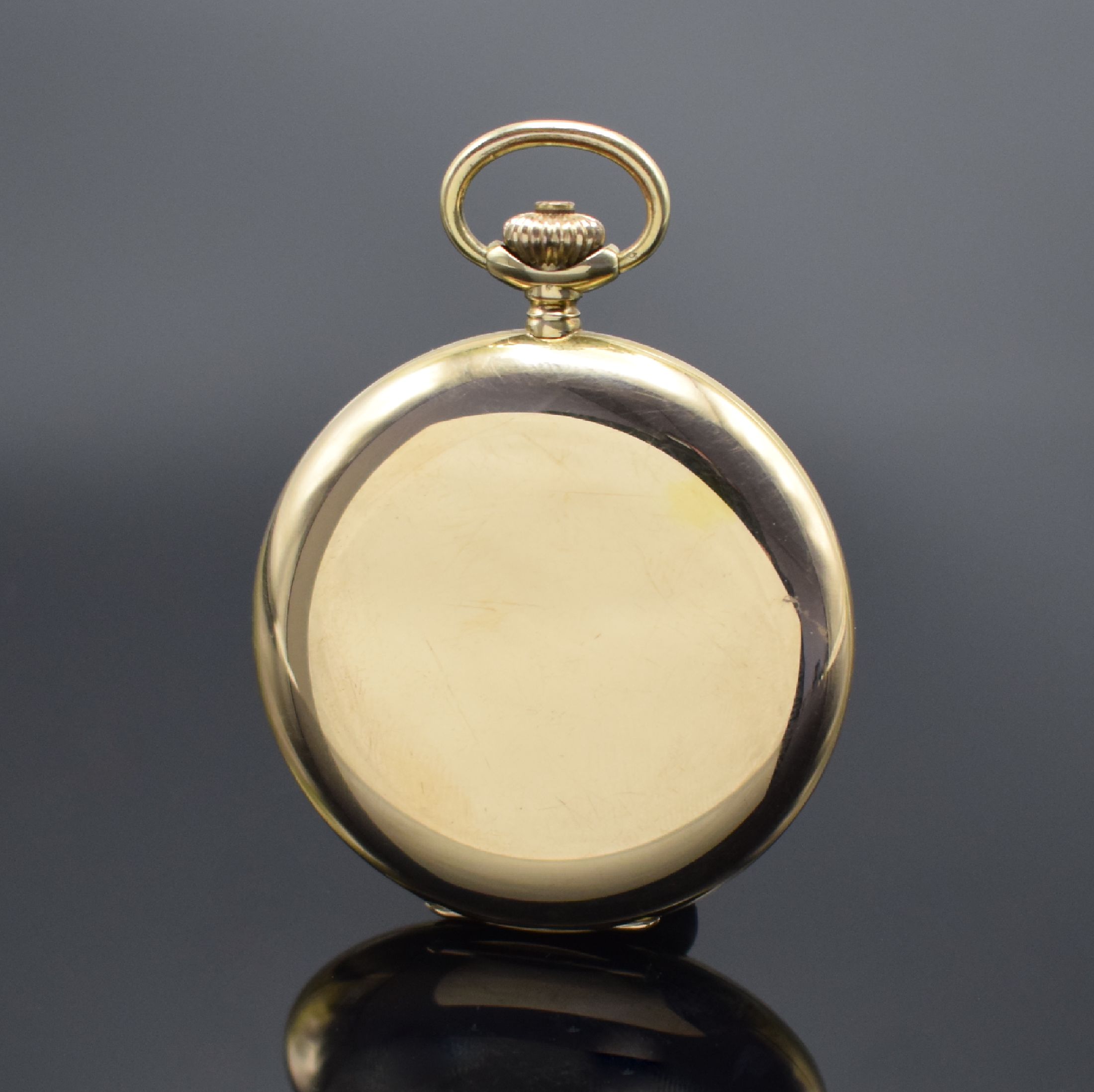 Detail b: ALPINA Savonette Herrentaschenuhr in GG 585/000, Schweiz um 1920, glattes 2-Deckel Goldgeh., Cuvette mit Widmungsgrav., Emailzifferbl., Breguetzahlen ...