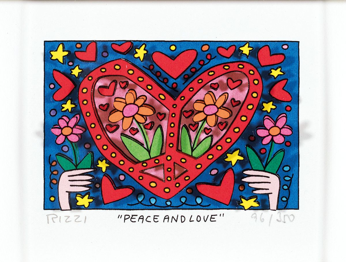 James Rizzi, 1950-2011 New York, Peace and Love, dreidimensionale Farblithographie, betitelt, signiert und num. 96/350, ca. 5x7.5cm, PP, u.Gl., R. ...